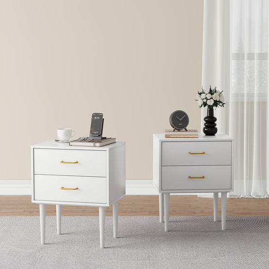 Nachtkastje – Bedside Table – Nachtkast – Slaapkamerkastje – Wit Gelakt – 2 Ruime Laden – Houten Pootjes – Compact & Lichtgewicht