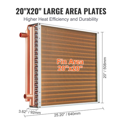Warmtewisselaar – Warmteoverdrager – Warmtewisselaar water-lucht – HVAC warmtewisselaar – Koper-aluminium warmtewisselaar – 20"x20" formaat – Duurzaam koperen soldeerwerk – Corrosiebestendige epoxy vinnen