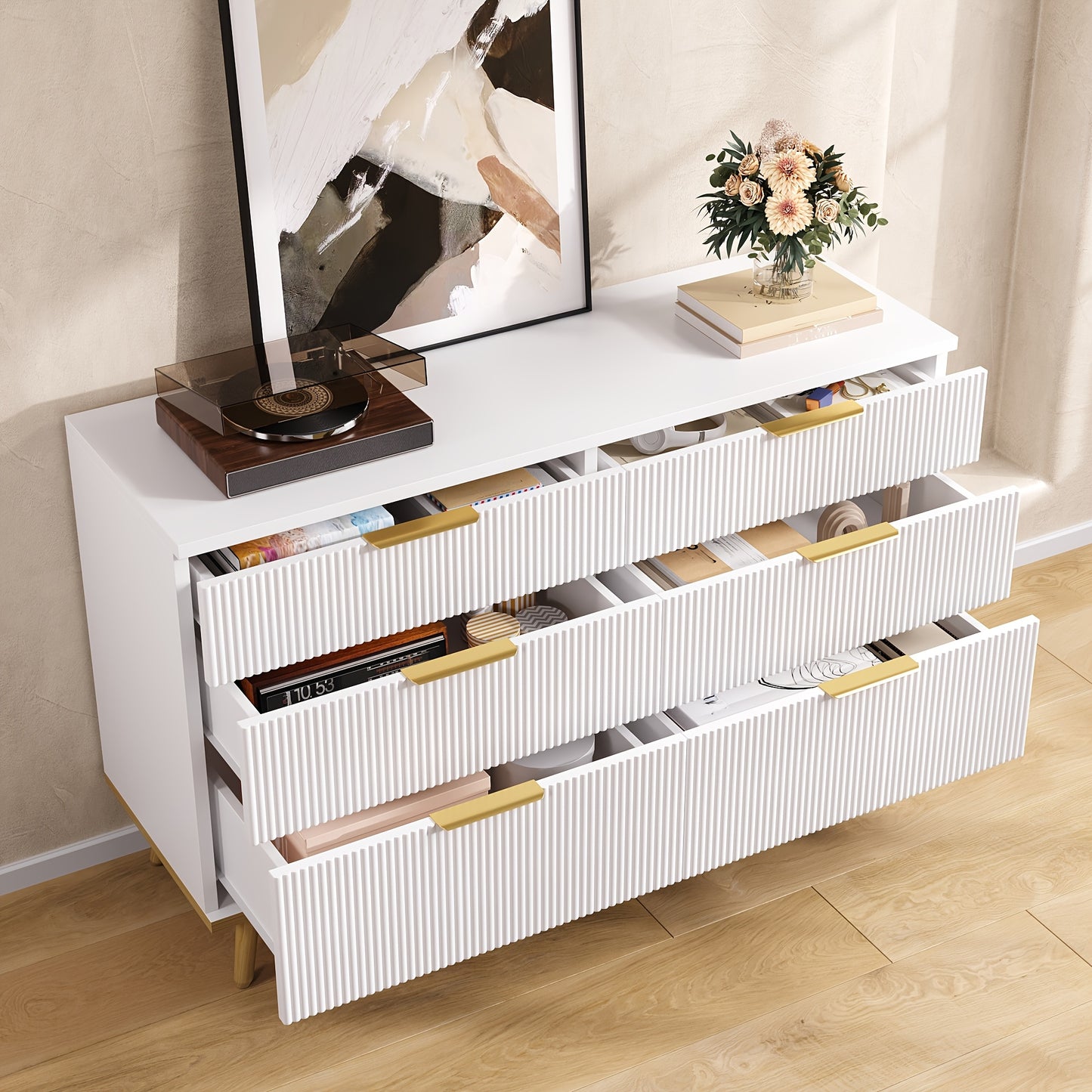 Ladekast – Ladekastje – Ladenkast – Commode – Kast – Wit – 6 Laden – Modern Design – Bamboe Materiaal – Compact Vrijstaand – Ruime Opbergruimte
