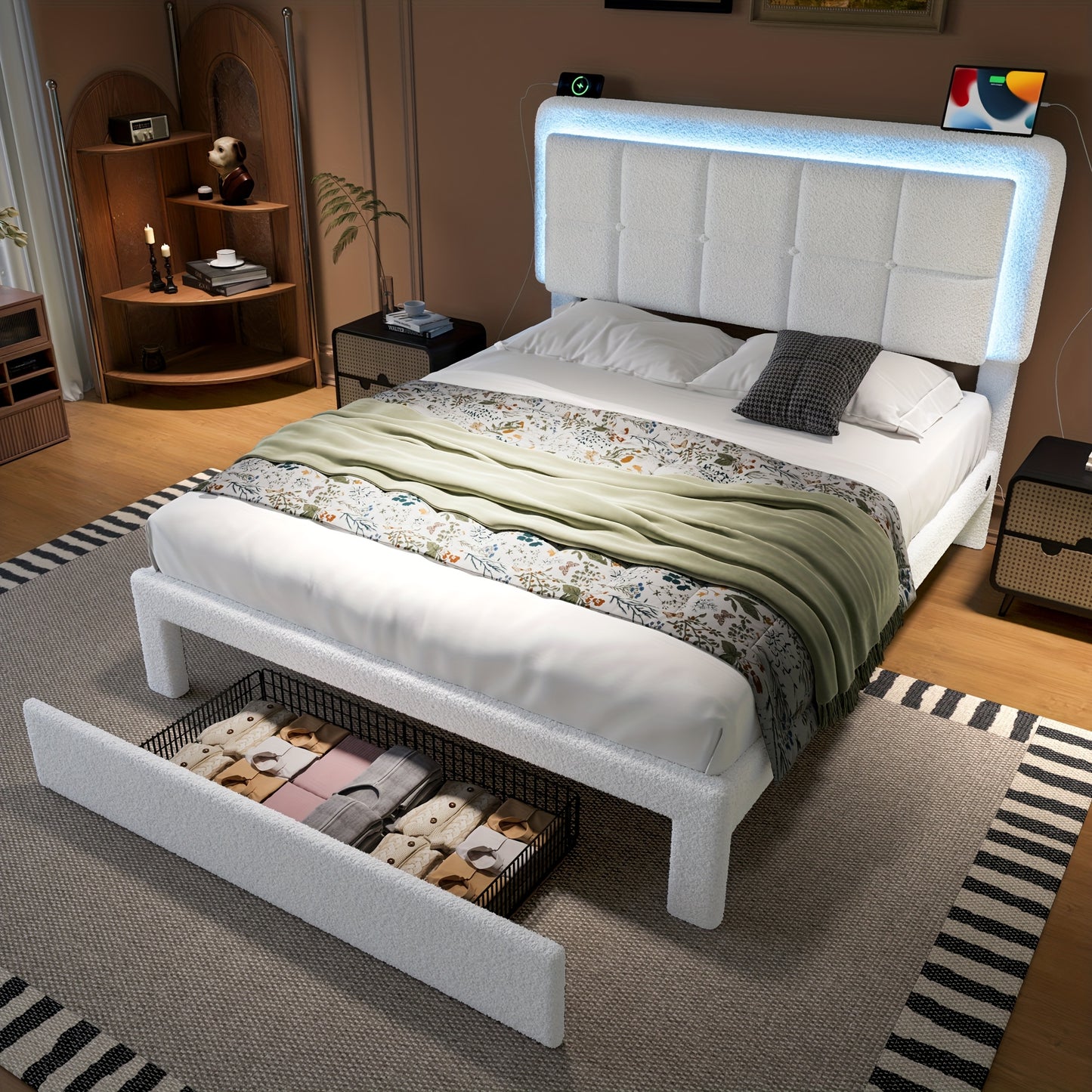 Bedframe – Bedombouw – Tweepersoonsbed – Metalen Bed – Gestoffeerd Bed – Velourse Bekleding – Verstelbaar Hoofdbord – 160x200 cm – Stevige Constructie