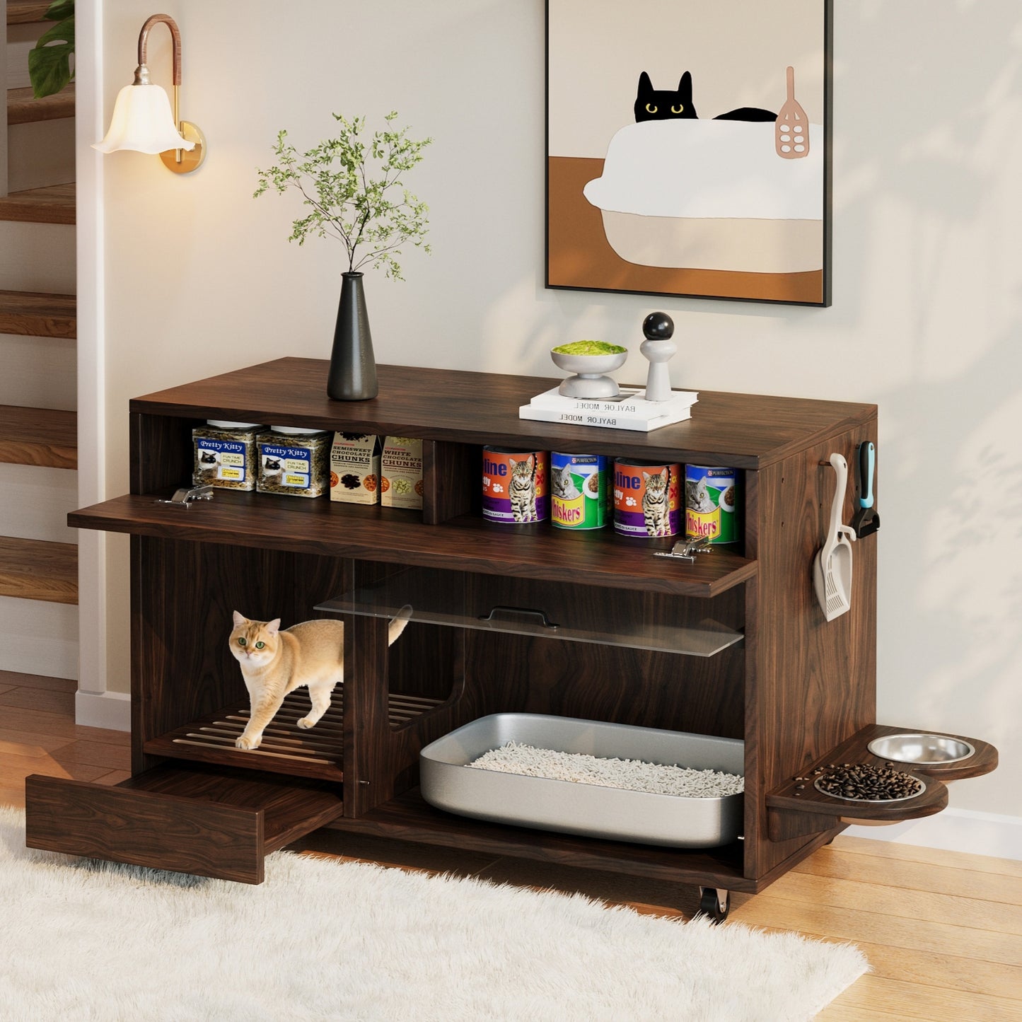 Portable Cat Litter Cabinet with Cat Food Tray & Odor-Control System - 4-Wheel Mobile Storage Unit, Perforated Plate & Sand Collection Tray, Space-Saving Design for Cats (Compatible with Litter Boxes, Litter Box Not Included)