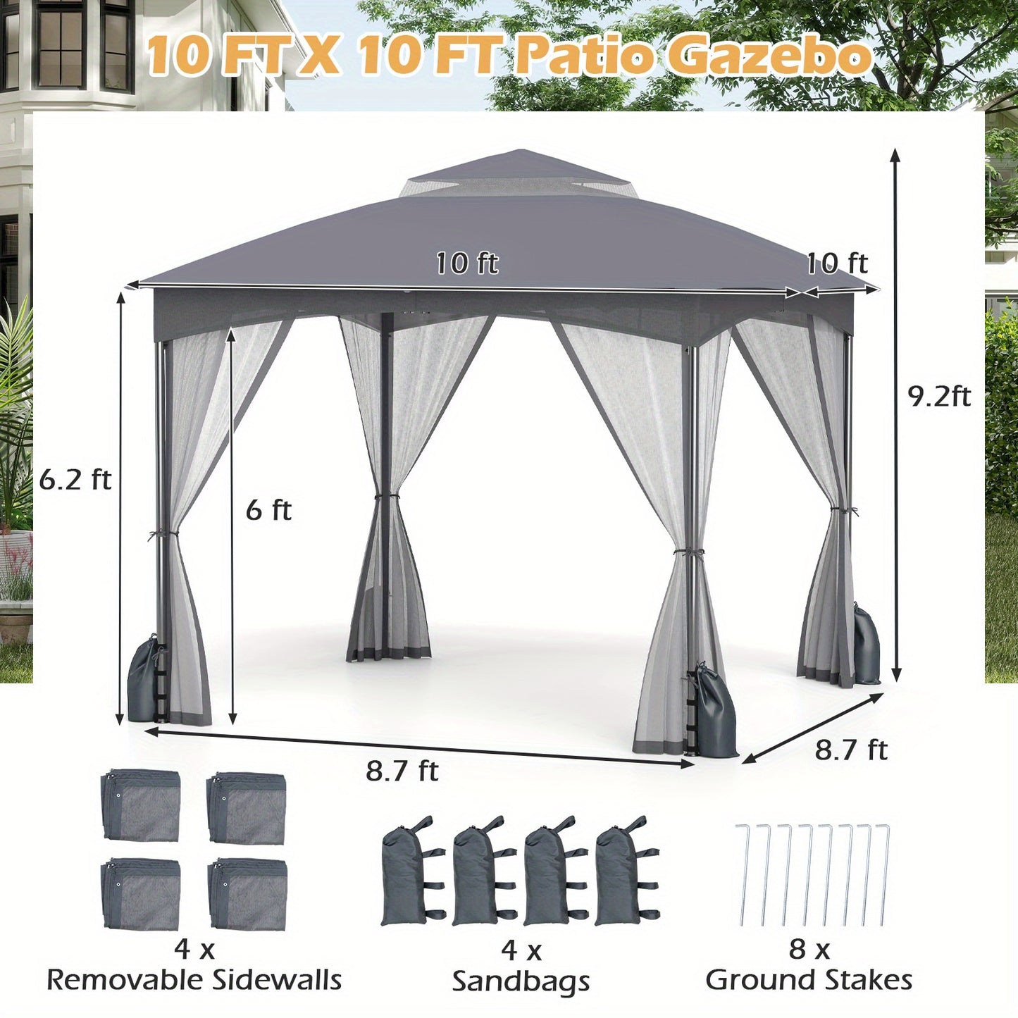 Tuinpaviljoen – Tuinkamer – Terrasoverkapping – Pergola – Buitenverblijf – Insectenwerend Muskietennet – Dubbel Polyester Dak – 305x305 cm Grijs
