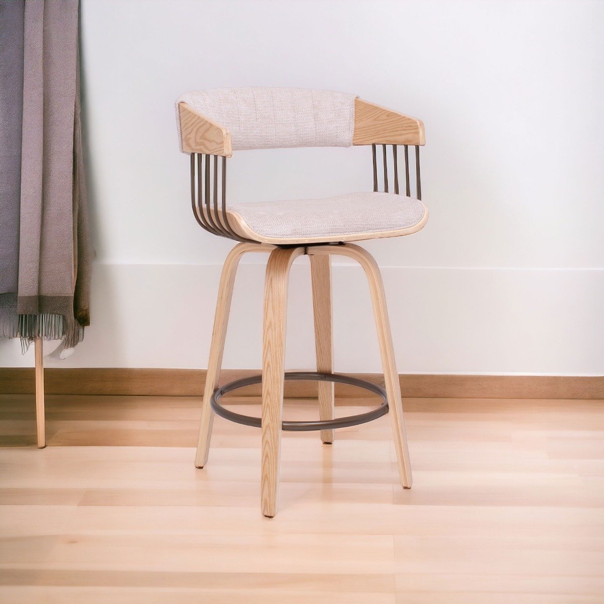 Barkrukken – Krukken – Barkruk Set – Barstoelen – Bistrostoelen – Set van 2 – Draaibaar Zitvlak – Multiplex Met Beige Stoffering