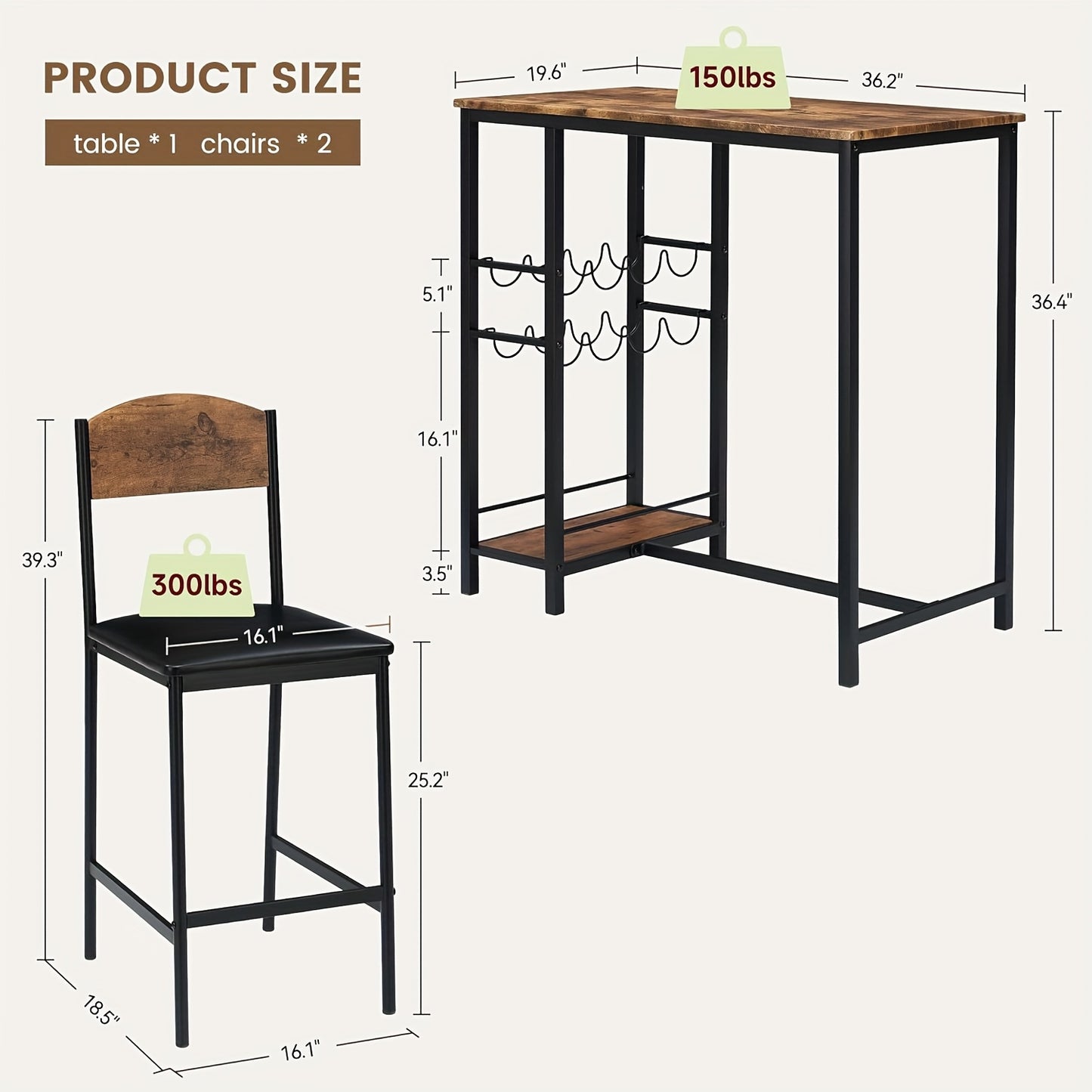 Barset – Barkrukken Set – Keukentafel – Bartafel – Bistroset – Compact 2 Persoons – Met Voetsteun – Stabiel Metaal – MDF Tafelblad Bruin