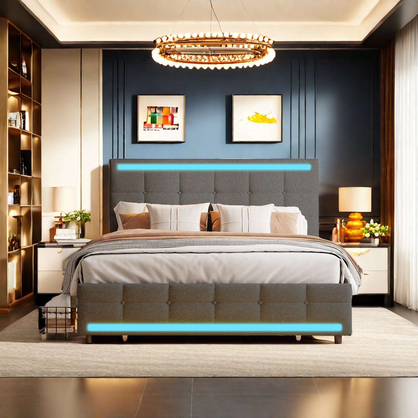 Tweepersoonsbed 140x200 – Gestoffeerd Bed – Led-Bed – Opbergbed – Bed Met Lattenbodem – Linnenstof – 2 Usb-Laadpoorten – 4 Ruime Lades