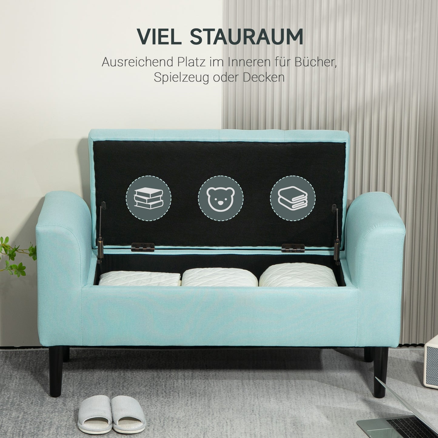 Opbergbank – Opbergbankje – Zitbank Met Opbergruimte – Halbank – Opbergkist – Rubbenhout Frame – Linnen Look Bekleding – 116x44x58 cm – Draagvermogen 130 kg