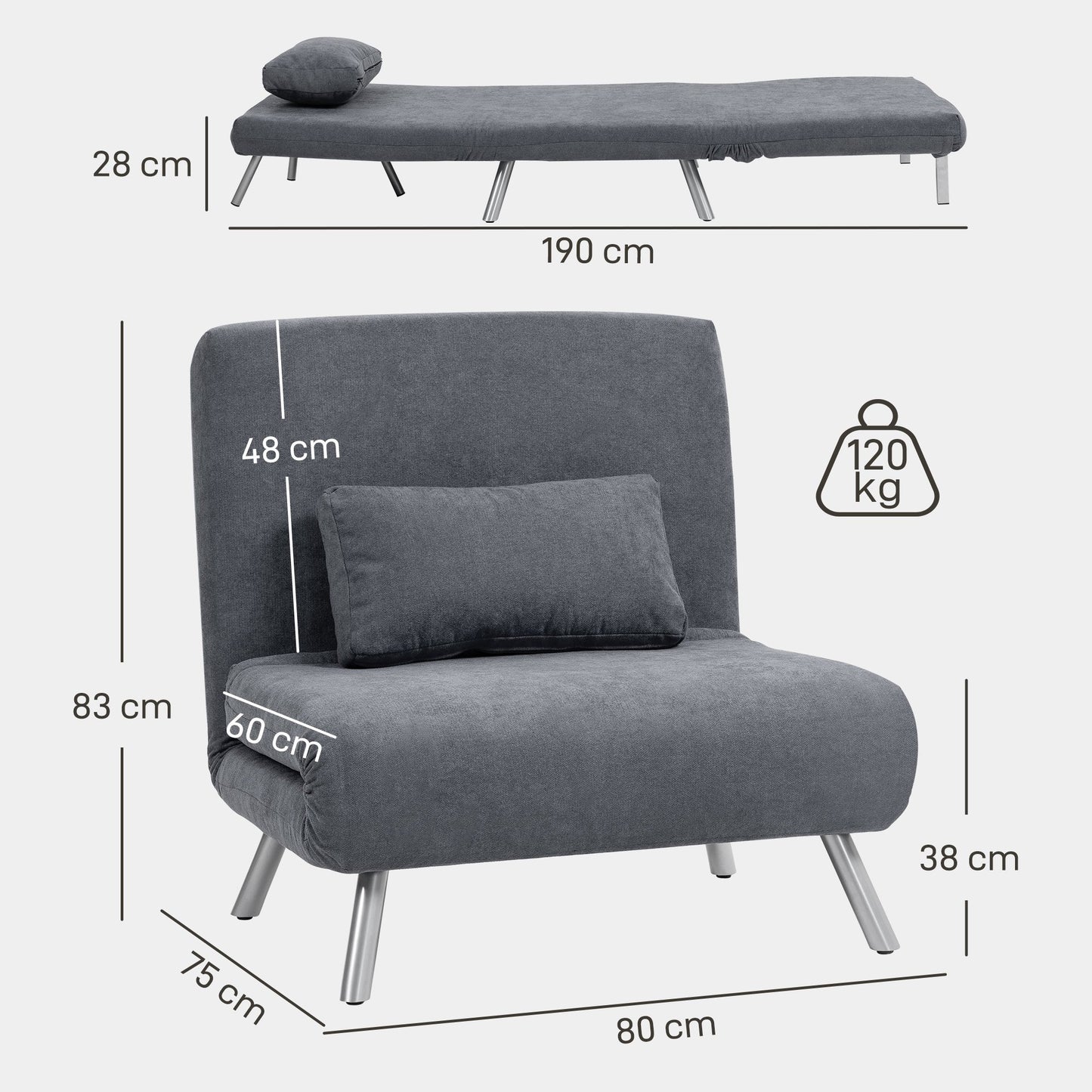 Slaapfauteuil – Slaapstoel – Fauteuil – Logeerbed – Vouwbed – 3-in-1 Design – Donkergrijze Stof – Inclusief Kussen