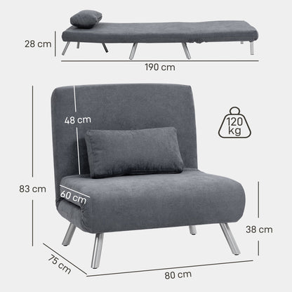 Slaapfauteuil – Slaapstoel – Fauteuil – Logeerbed – Vouwbed – 3-in-1 Design – Donkergrijze Stof – Inclusief Kussen