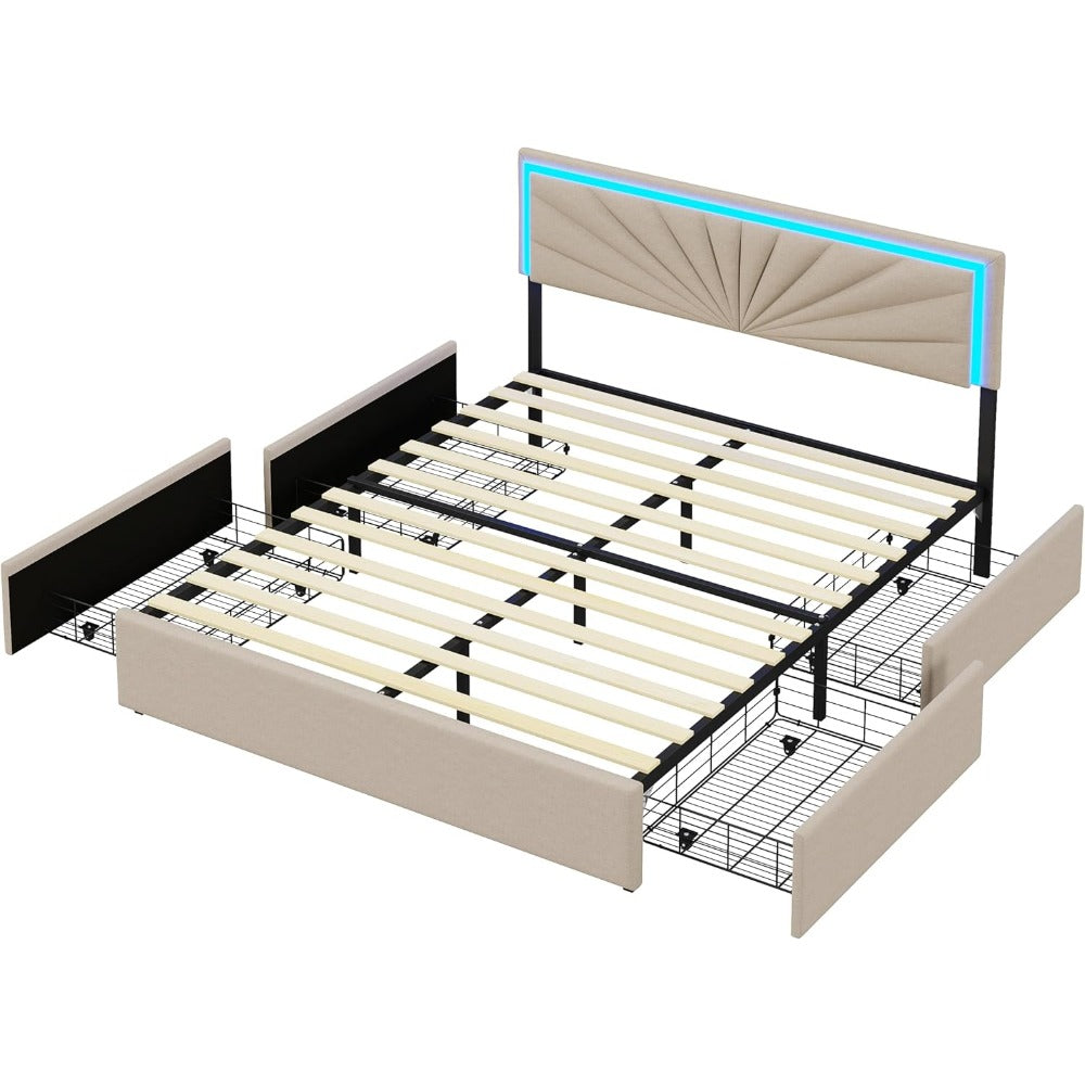 Tweepersoonsbed – Bedframe – Opbergbed – Led Bed – Linnen Gestoffeerd – Met 4 Laden – Met Houten Latten – Usb Oplaadpoorten