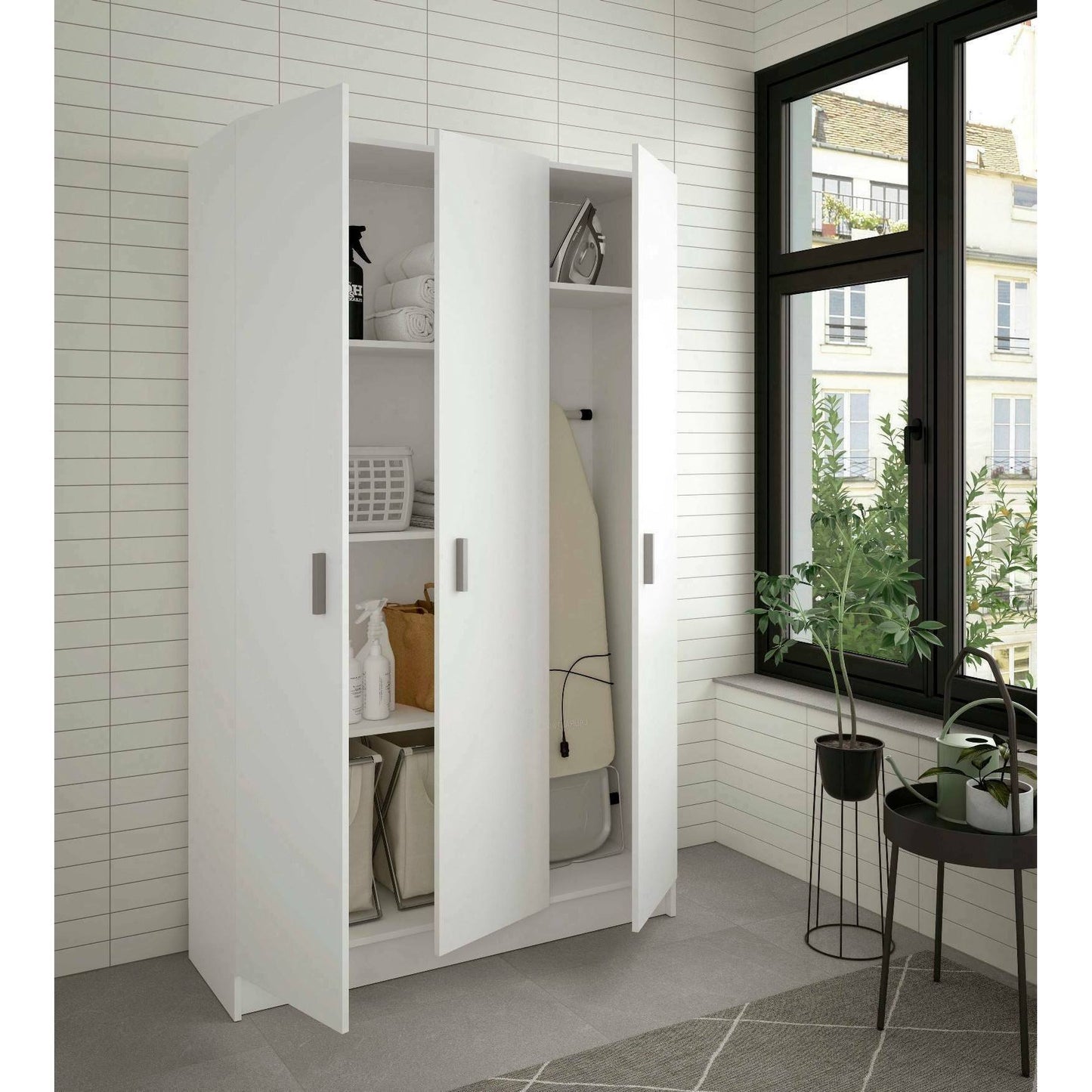 Large Multifunctional Ranuncolo Wardrobe, 3-Door Auxiliary Closet, Shoe Rack with Shelves, Broom Cupboard, 109x37x180 cm, White