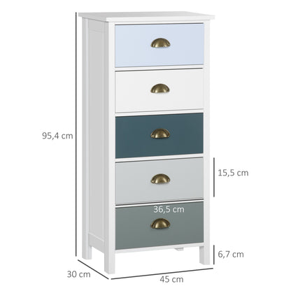 Ladekast – Ladenkast – Kommode – Dressoir – Opbergkast – 5 Lades – MDF Met Metalen Schelphandgrepen – Compact 45x30x95,4 cm