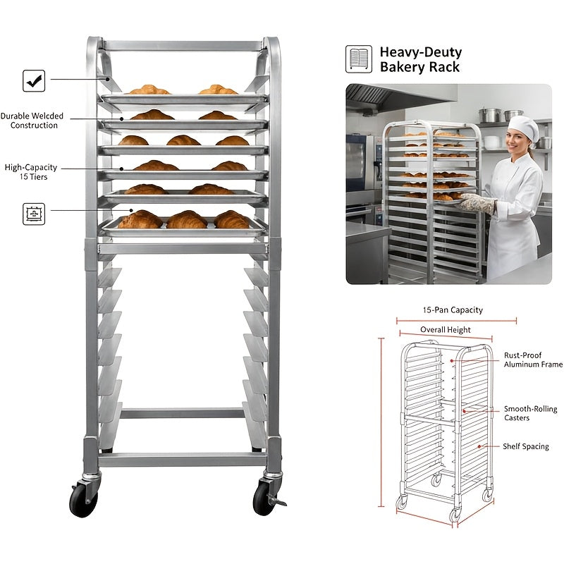 10/15-Tier Heavy-Duty Compact Mobile Bun Pan Rack with Lockable Wheels - Space-Saving Cooling Storage Shelf Suitable for Bakery, Kitchen, Restaurant - Assembly, Aluminum Shelving Unit