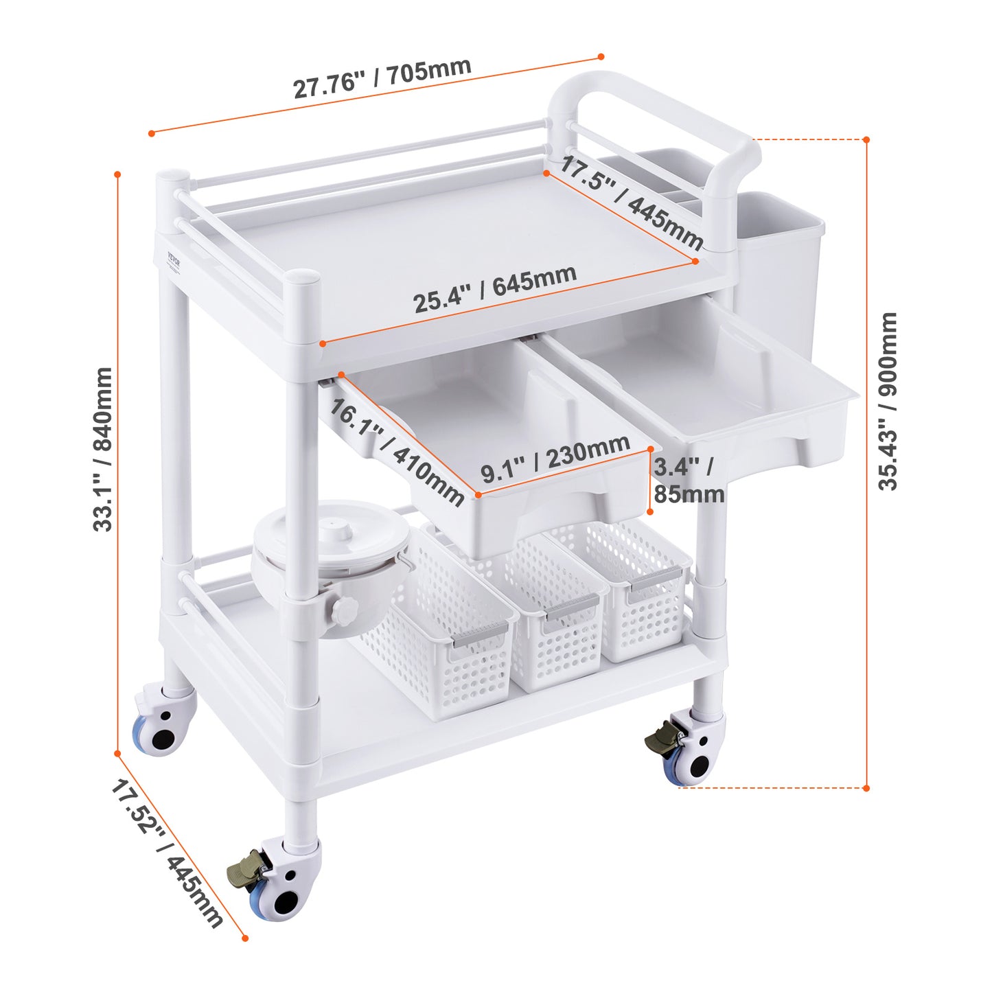Medische Kar – Laboratoriumwagen – Mobiele Trolley – Rolwagen – Opbergwagen – 2 Etages & 2 Lades – 3 Afvalbakken Wit