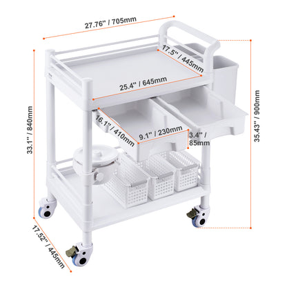 Medische Kar – Laboratoriumwagen – Mobiele Trolley – Rolwagen – Opbergwagen – 2 Etages & 2 Lades – 3 Afvalbakken Wit