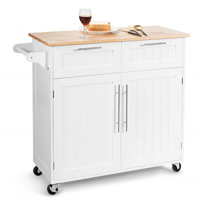 Keukeneiland – Keukenwagen – Serveerwagen – Werktafel – Keukentrolley – Met Handdoekhouder – 2 Laden & 2 Deuren – Witte Rubberwood Constructie