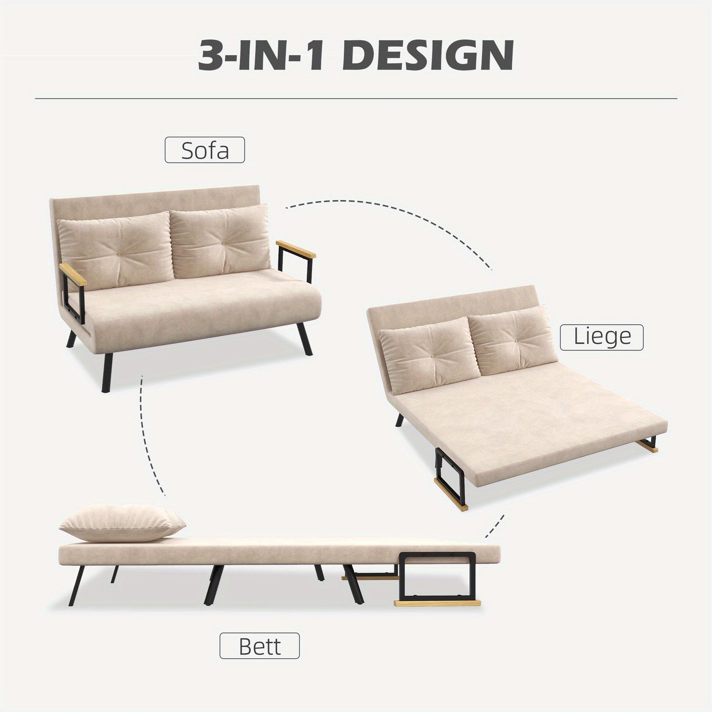Slaapbank – Bedbank – Bankbed – slaapcouch – slaapzetel – Beige Polyester – Verstelbare Rugleuning 5 Standen – Chaise Longue Met Losse Kussens