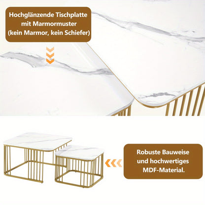Salontafel – Koffietafel – Bijzettafel – Tafeltje – Woonkamertafel – Hoogglans Marmerlook – Verstelbare Poten – Set van 2 (60x60x45 & 45x45x40 cm)