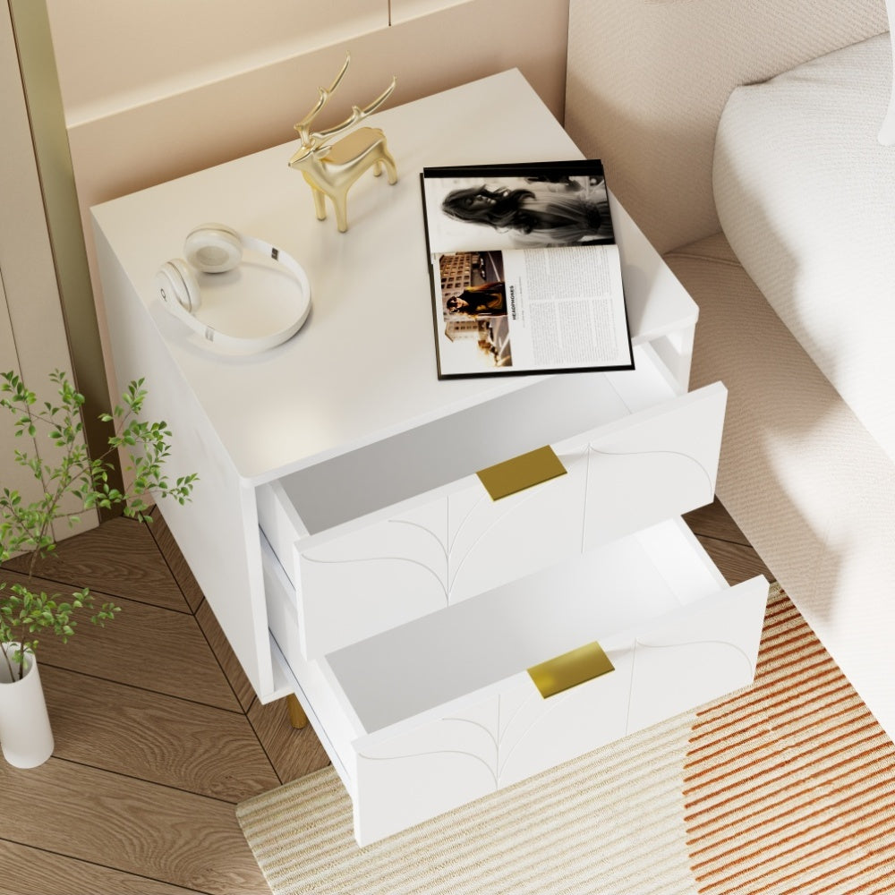 Nachtkastje – Bedkastje – Bedtafel – Slaapkamerkastje – Ladekast – Hoogglans Wit – Set Van 2 – Anti-Bots Hoeken – 2 Lades – Compact Formaat 50x40x54 cm