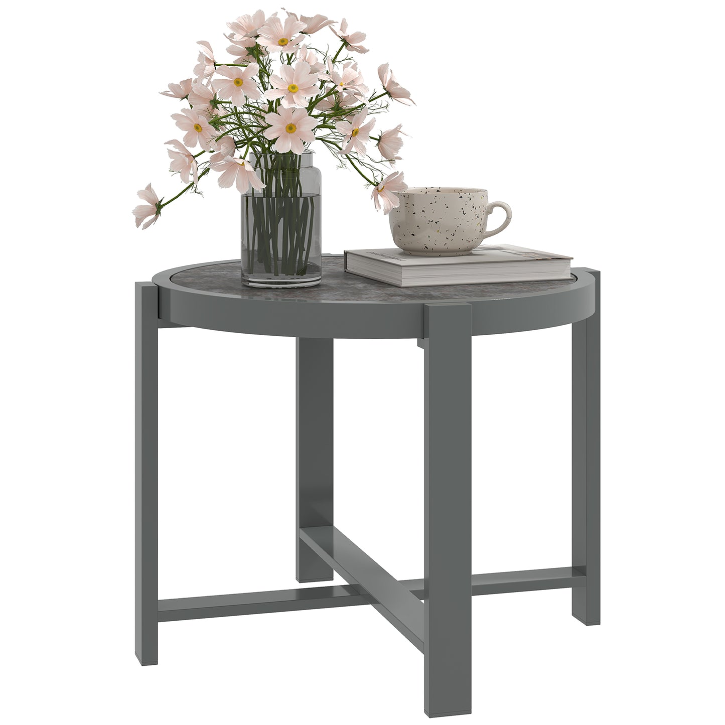 Bijzettafel – Bijzettafeltje – Sidetable – Tuinmeubel – Balkon Tafel – Grijs – Weerbestendig Aluminium – Marmerlook Blad – Compact Design – Onderhoudsvriendelijk