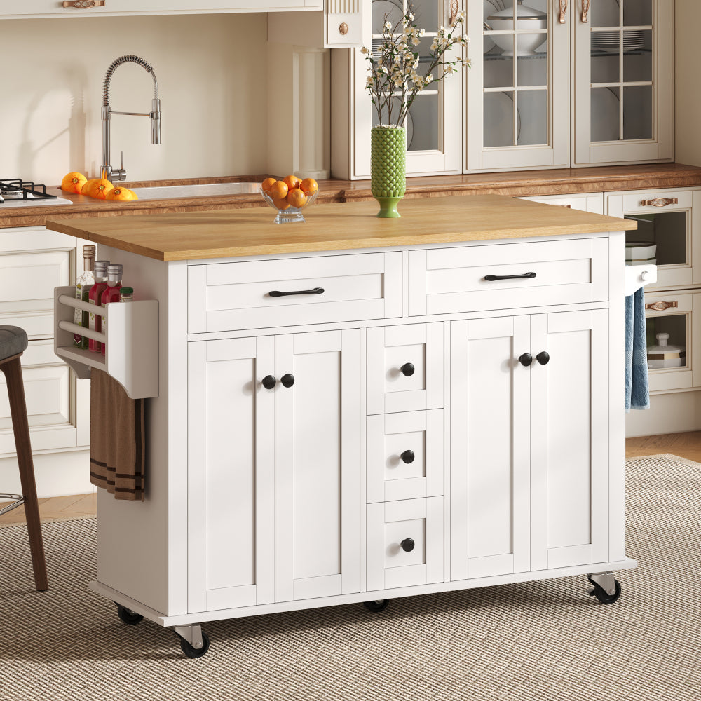 Multifunctional Kitchen Trolley with Foldable Worktop Extending to 120×65 cm | Features Five Drawers, Cupboards, Spice Rack, Towel Rail, Enclosed Storage, Metal Construction, Castors, Suitable for Kitchen Island in Kitchens,