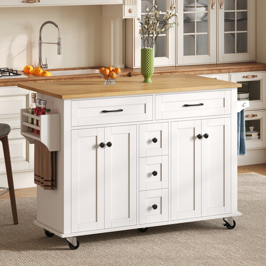 Multifunctional Kitchen Trolley with Foldable Worktop Extending to 120×65 cm | Features Five Drawers, Cupboards, Spice Rack, Towel Rail, Enclosed Storage, Metal Construction, Castors, Suitable for Kitchen Island in Kitchens,