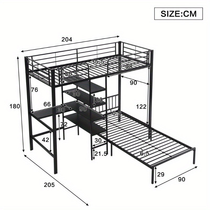 Stapelbed – Etagebed – Kinderbed – Hoogslaper – Kinderstapelbed – Met Bureau en Opbergruimte – Metalen Frame – 90x200 cm – Veiligheidshekken – Ladder – Zwart