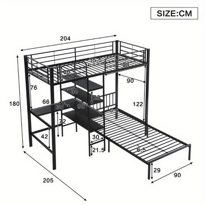 Stapelbed – Etagebed – Kinderbed – Hoogslaper – Kinderstapelbed – Met Bureau en Opbergruimte – Metalen Frame – 90x200 cm – Veiligheidshekken – Ladder – Zwart