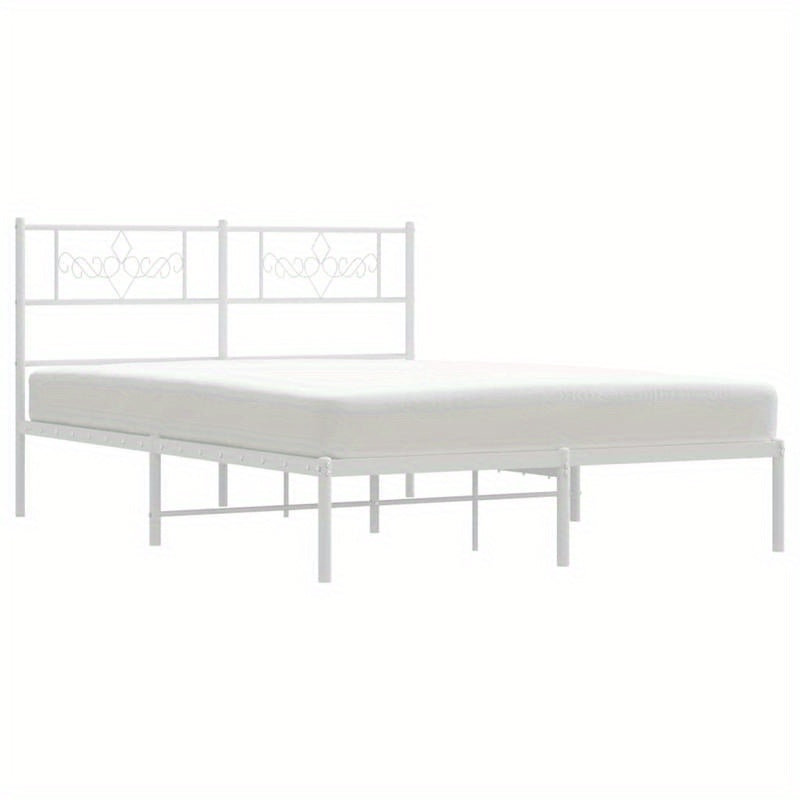 Modern White Metal Bed Frame with Headboard, 140x200cm - Powder-Coated Steel for Strength & Stability, Minimalist Design for Contemporary Bedrooms, Bedroom Decor | Modern Bedframe | Sturdy Construction