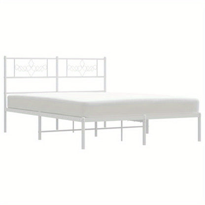 Modern White Metal Bed Frame with Headboard, 140x200cm - Powder-Coated Steel for Strength & Stability, Minimalist Design for Contemporary Bedrooms, Bedroom Decor | Modern Bedframe | Sturdy Construction