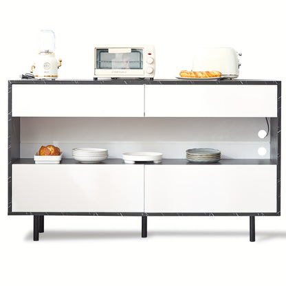 150 X 35 X 89.5 Cm Black Marble Design Sideboard With Open Storage Space, 4 Drawers, Sturdy Metal Frame And Anti-tilt Protection, Elegant Storage Furniture For The Kitchen And Living Room