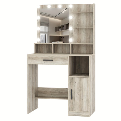 Make-up Tafel – Kaptafel – Schminktafel – Vanity Table – Make-up Bureau – Greige Kleur – 10 LED Verlichting Met 3 Dimbare Standen – 3 Open Planken & 4 Vakken Met Grote Lade