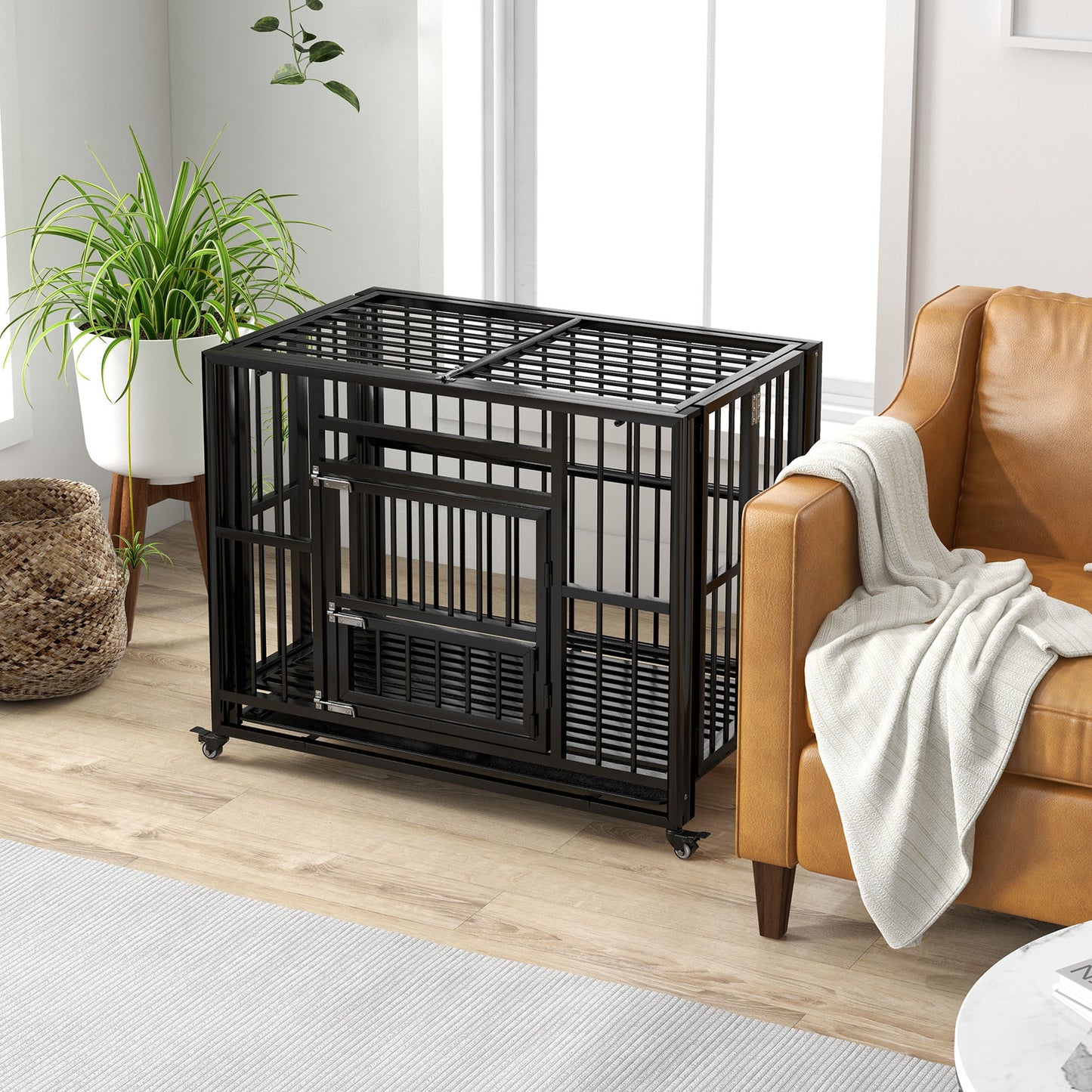 Hondenbench – Hondenkooi – Hondenren – Hondenhok – Hondenverblijf – Vouwbaar Ontwerp – Universele Wieltjes – Uitneembare Bodemtray – Zwart – 94 x 58 x 78 cm