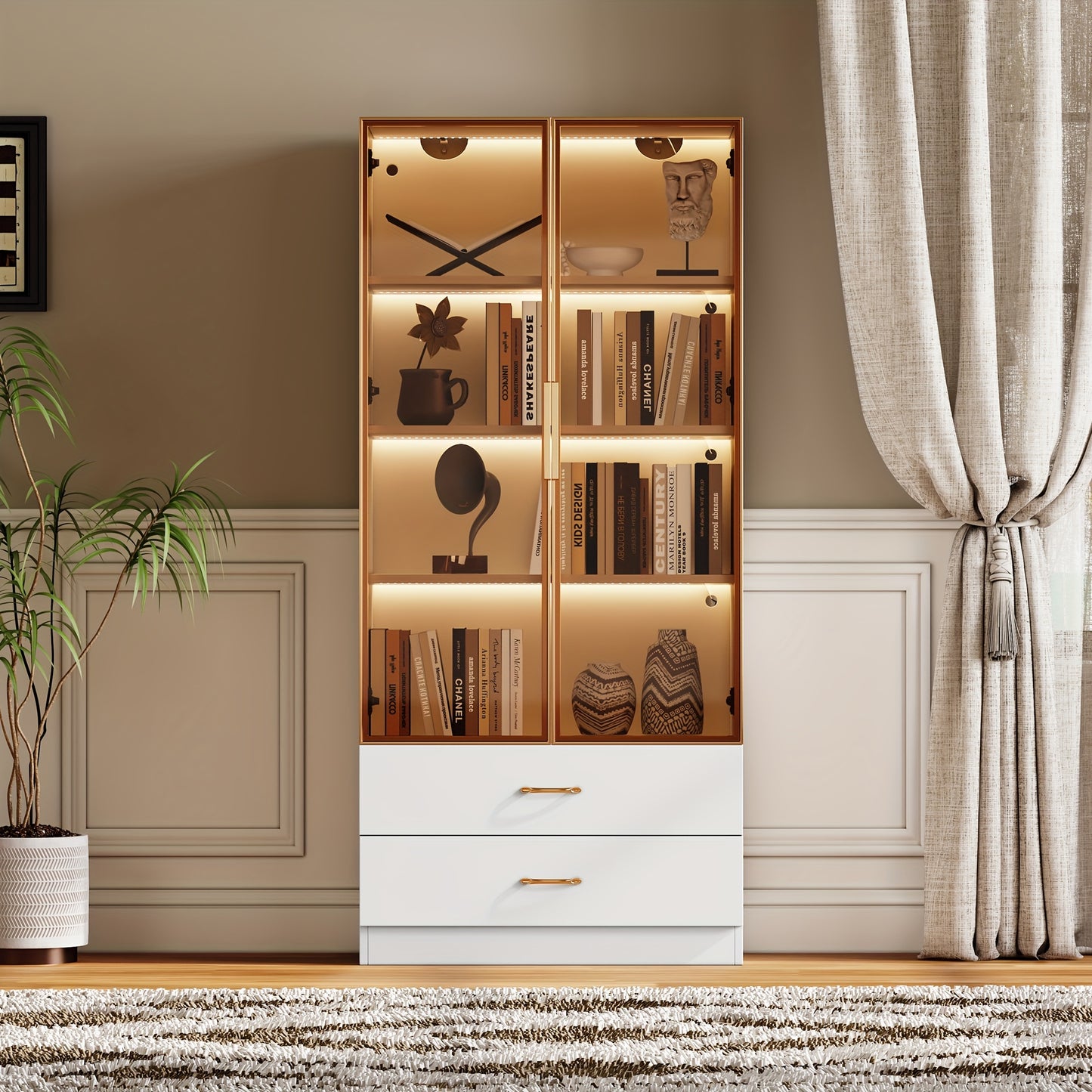 Middelgrote Vitrinekast / Display Cabinet – 75 cm Breed • 2 Grote Laden & 2 Glazen Deuren – Voor Slaapkamer, Woonkamer of Kantoor