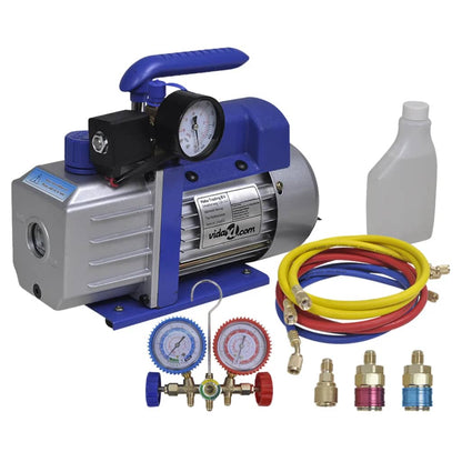 vacuümpomp – vacuümpompje – vacuümpomp airco – vacuümpomp koelinstallatie – vacuümpomp met manometer – aluminium behuizing – dubbele kleurgecodeerde manometers