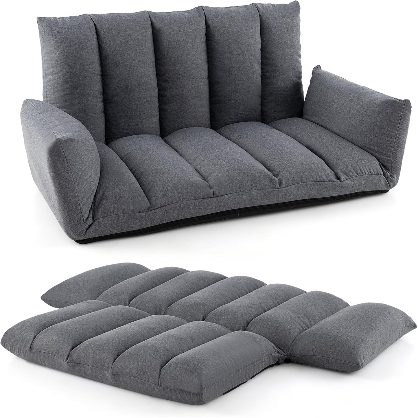 Slaapbank – Sofa – Vloerbank – Bedbank – Slaapzetel – 5-standen rugleuning – Verstelbare armleuningen – Grijs – Met Metaalframe