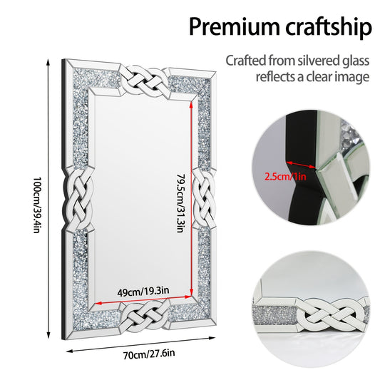 Grote Rechthoekige Spiegel – Wandspiegel – Muurdecoratie – Accentspiegel – Kristal Spiegel – 100x70 cm – 2,5 cm Dik Premium Glas – Sprankelend Diamantmotief