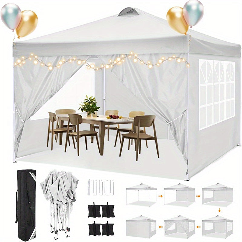 3.05x3.05meter Pop-up foldable canopy with 4 removable sidewalls, height-adjustable gazebo canopy with vents, 4 sandbags, 4 ground stakes and 8 ropes, party exhibition tent