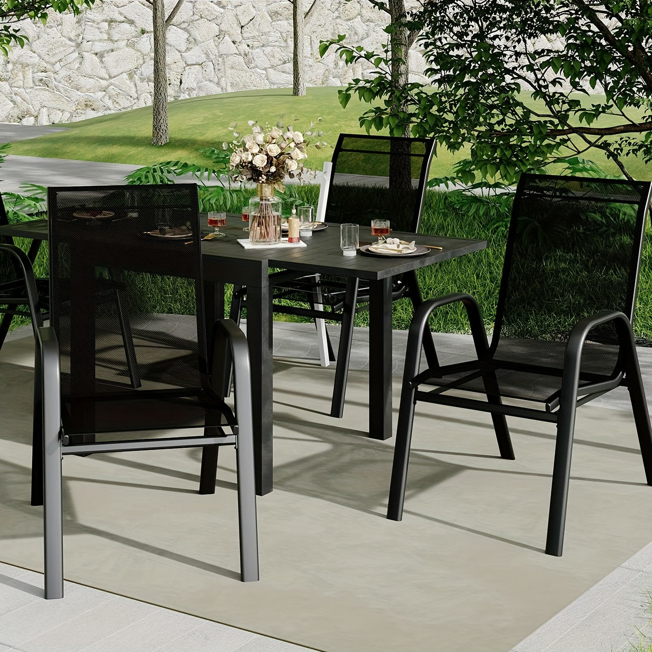 Stapelbare Tuinstoelen – Tuinstoelen – Buiteneetkamerstoelen – Terrasstoelen – Balkonstoelen – Ergonomische High-Back – Duurzaam Metalen Frame – Set Van 4 – Zwart – Gevoerde Zitkussens – Weerbestendig & Makkelijk Schoon Te Maken