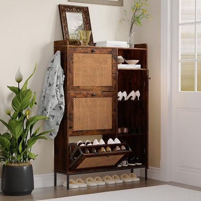 Schoenenkast – Schoenenrek – Schoenenopberger – Halmeubel – 3 Lades Met Rieten Front – Verstelbare Planken & Metalen Knoppen – Smal Vrijstaand Design – Vintage Stijl