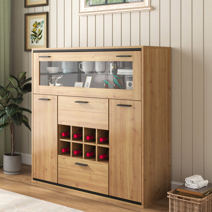 Dressoir – Opbergkast – Buffetkast – Ladekast – Kast – Rustiek Design – Dubbele Deuren & Wijnrek – 110x111x38 cm Natuurlijk