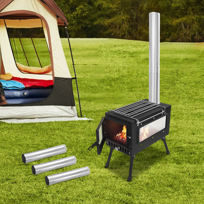 Portable Tent Stove, Featuring a 4.4-foot Chimney System and 201 Stainless Steel Wood-burning Stove, Ideal for Camping and Outdoor Cooking, Complete with Foldable Stand.