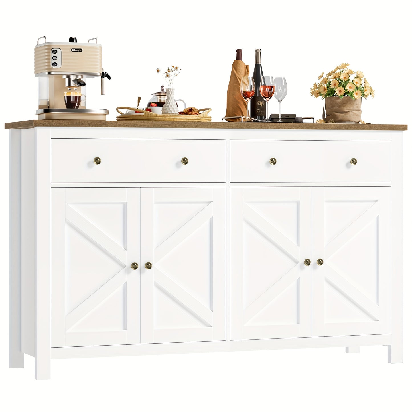 Kast – Opbergkast – Ladekast – Dressoir – Kastenmeubel – Verstelbare Planken – Stevig Hout – Wit Met Gouden Accenten
