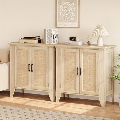 Dressoir – Sideboard – Kast – Opbergkast – Buffetkast – Set Van 2 – Natuurlijke Eikenhout Afwerking – Compact 76x40x80 cm Met Rattan Elementen