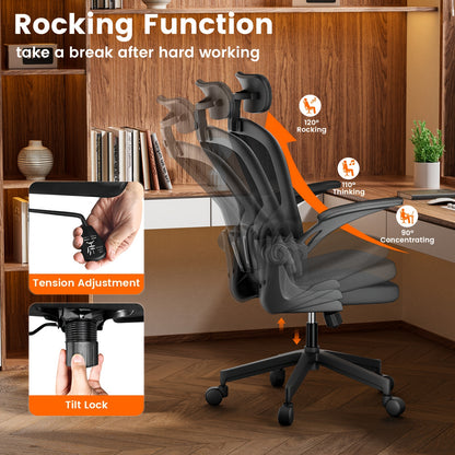 Ergonomic Office Chair With Adjustable Lumbar Support & Breathable Mesh Back - Certified For Home/Office Use [ Comfort & Flip-Up Arms]