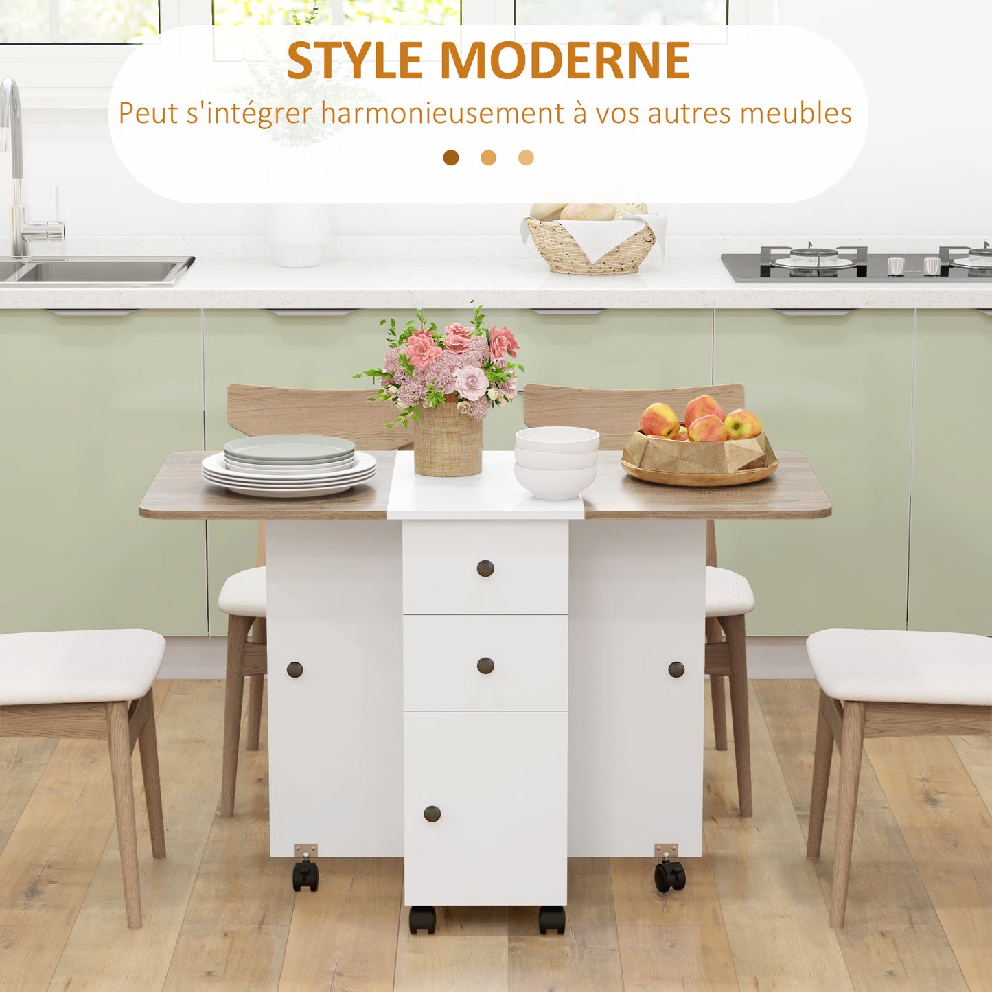 Opvouwbare Keuken- en Eettafel – Uitklapbare Tafel – Inklapbare Tafel – Verrijdbare Tafel – Ruimtebesparende Tafel – Wit – 2 Lades & Kast – Compact en Mobiel