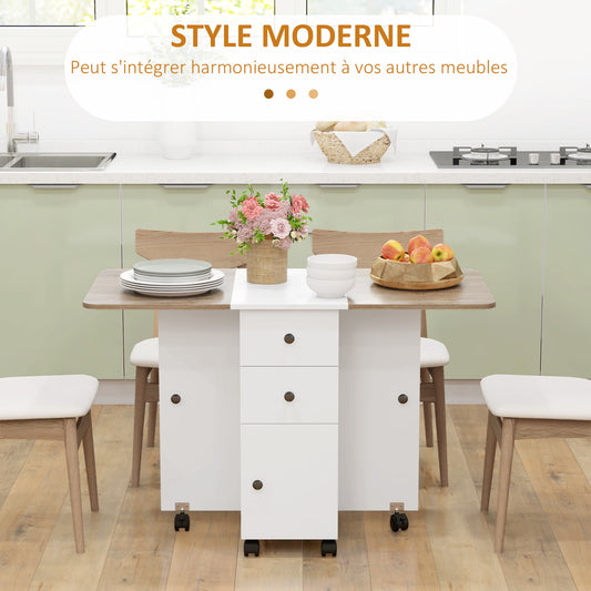 Opvouwbare Keuken- en Eettafel – Uitklapbare Tafel – Inklapbare Tafel – Verrijdbare Tafel – Ruimtebesparende Tafel – Wit – 2 Lades & Kast – Compact en Mobiel