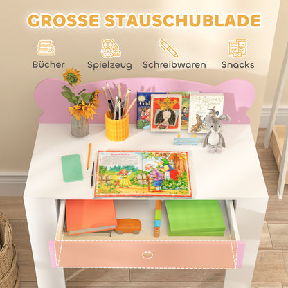 Kinderbureauset – Bureautje Kind – Schrijf- & Knutseltafel – Kinderbureau Roze – Bureaustoel Kind – Met Lade – Schattig Berenontwerp – Geschikt Voor 3-8 Jaar