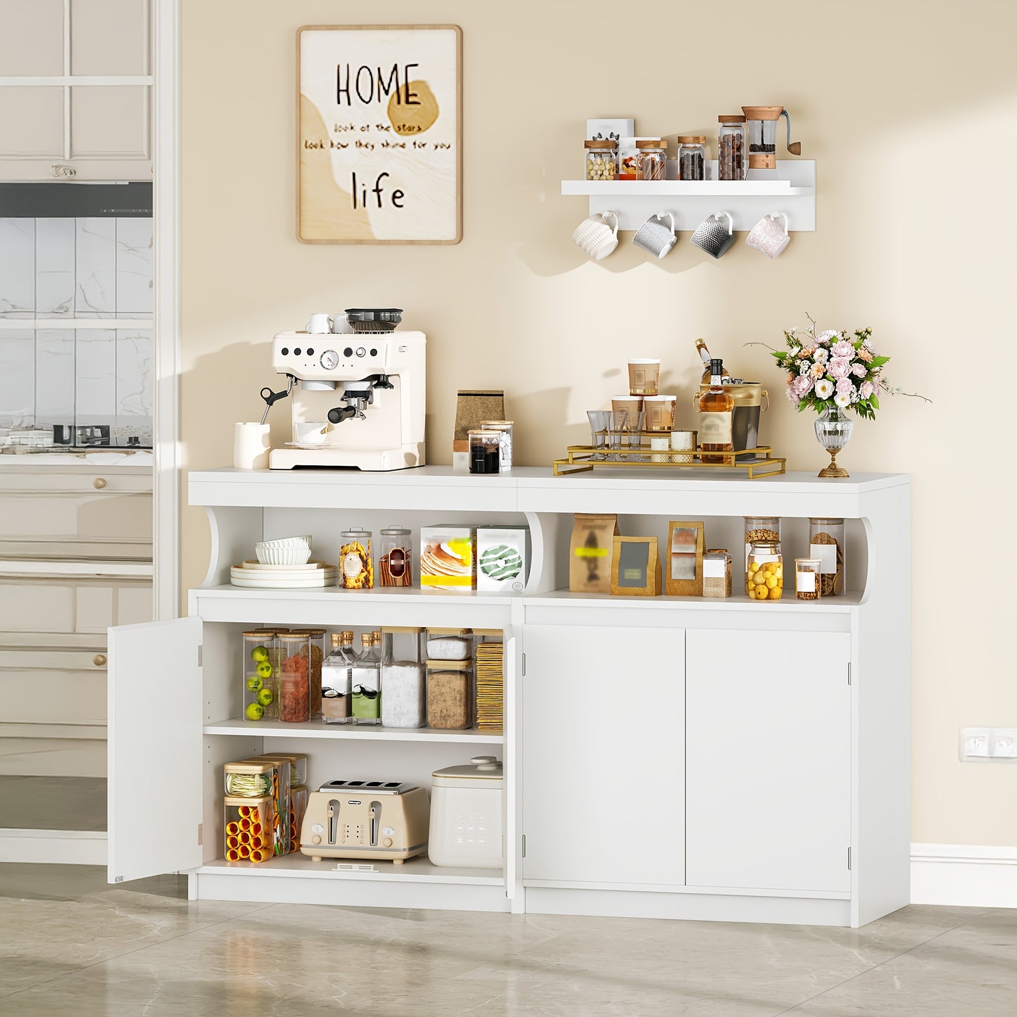 Dressoirkast – Dressoir – Opbergkast – Ladekast – Commode – Wit – 140 cm Breed – 5 Verstelbare Planken