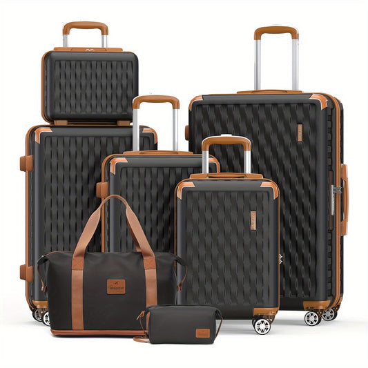 Hardcase Kofferset – Reiskoffer Set – Bagageset – Trolley Set – Handbagage Koffer – 3- of 7-delig – Hard Shell PP – 360° Spinnerwielen – Inclusief Rugzak & Wash Bag – Zwart