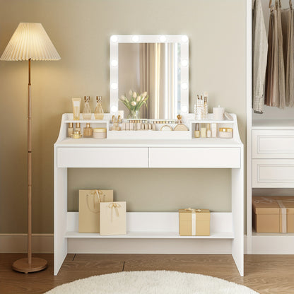 Toilettafel – Kaptafel – Make-up Tafel – Schminktisch – Meisjestafel – LED Verlichting – Verstelbare Helderheid – 108 cm – Wit – 2 Lades – 3 Open Vakken